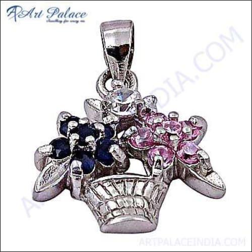Elegant Multi-Stone Silver Pendant featuring a flower bucket design with vibrant stones, showcasing intricate craftsmanship.