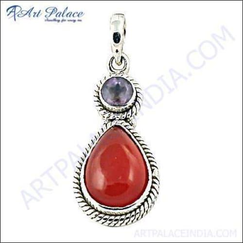 Elegant party wear designer jewelry featuring amethyst and carnelian gemstones set in silver, showcasing intricate craftsmanship.