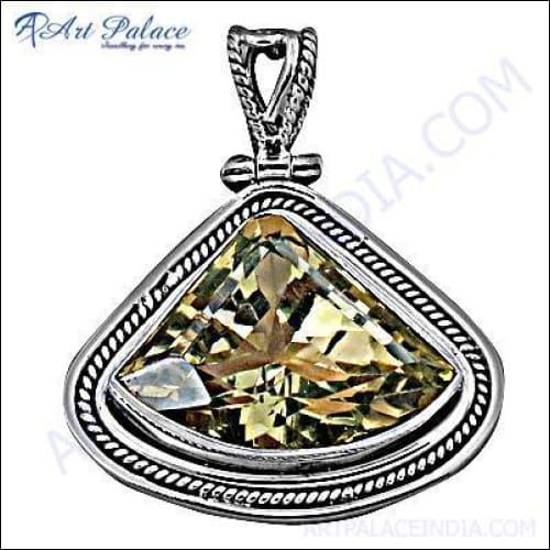 Elegant silver triangle pendant featuring a vibrant lemon quartz gemstone, perfect for parties and special occasions.