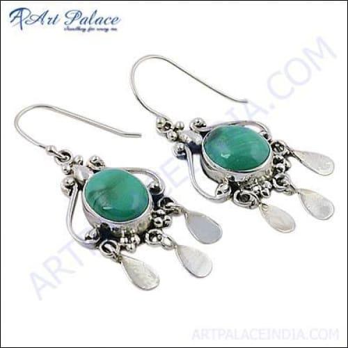 Elegant silver earrings featuring malachite gemstones, perfect for parties and special occasions.