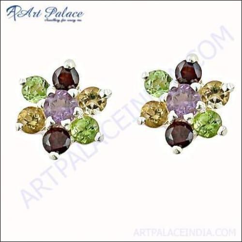 Elegant silver multi-stone earrings designed for parties, showcasing intricate craftsmanship and a stunning design.