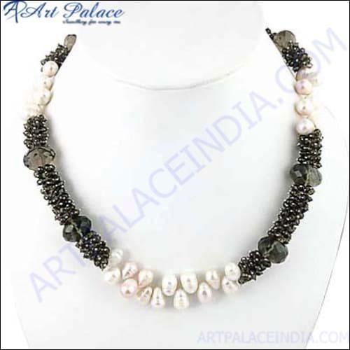 Elegant silver necklace featuring pearls and smokey quartz stones, perfect for party wear.