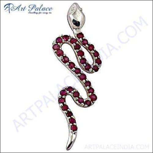 Elegant Pink Cubic Zirconia Snake Style Silver Pendant showcasing intricate design and sparkling details.