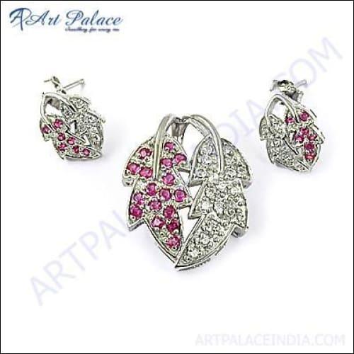 Elegant Pink CZ Silver Gemstone Pendant Set featuring a delicate leaf design with shimmering pink CZ stones, perfect for any occasion.