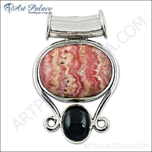 Elegant Pink Opalite and Black Onyx Silver Pendant showcasing a unique design with a soft glow and striking contrast.