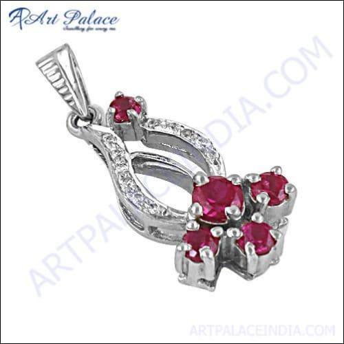 Elegant Pink and White Cubic Zirconia Silver Pendant, showcasing intricate design and sparkling stones.