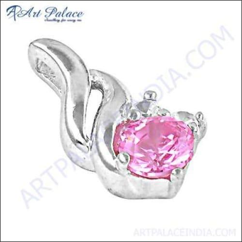 Elegant Pink & White Cubic Zirconia Silver Pendant showcasing intricate design and sparkling stones.