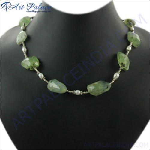 Elegant Prehnite and Pearl Gemstone Silver Necklace showcasing its unique design and craftsmanship.