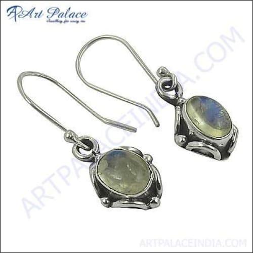 Elegant silver earrings featuring rainbow moonstone gemstones, showcasing a beautiful iridescent effect.