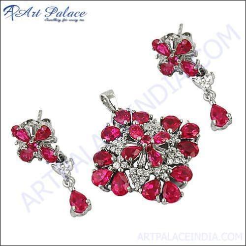 Elegant Red Cubic Zirconia Gemstone Silver Pendant Set with matching chain, showcasing vibrant red gemstone and intricate silver design.