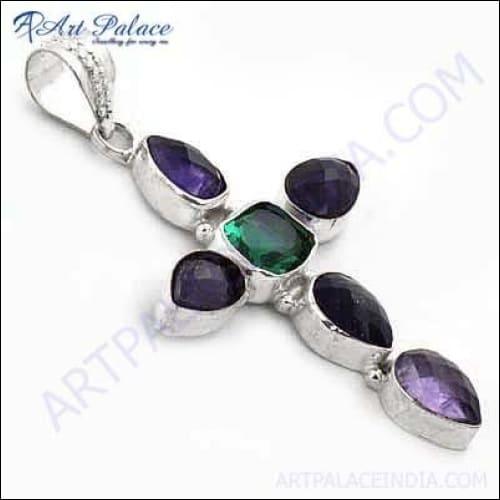 Elegant Religious Cross Pendant featuring a vibrant gemstone, crafted in durable German silver, showcasing intricate design and fine finishing.