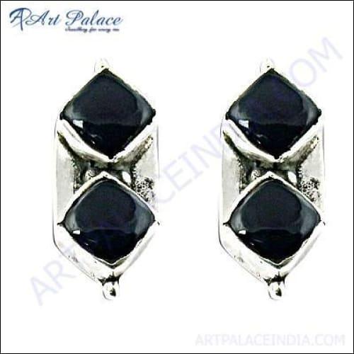 Elegant Royal Black Onyx Silver Gemstone Earrings showcasing a deep black onyx stone set in a polished silver frame, perfect for any occasion.