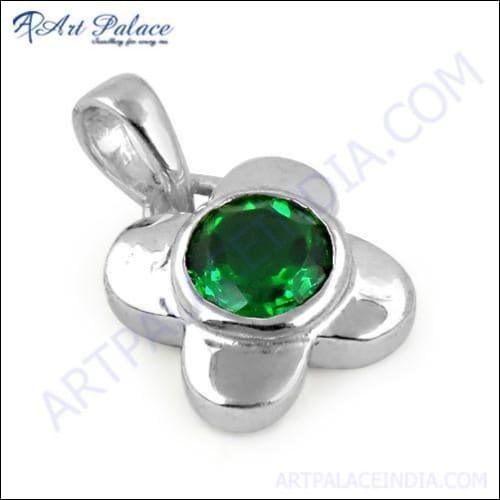 Elegant Royal Green Cubic Zirconia Gemstone Silver Pendant showcasing its intricate design and vibrant color.