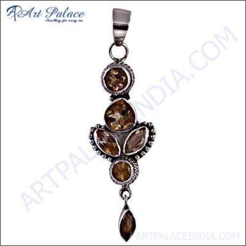 Elegant Silver Citrine Pendant made of 925 sterling silver featuring a vibrant citrine gemstone, showcasing intricate craftsmanship.