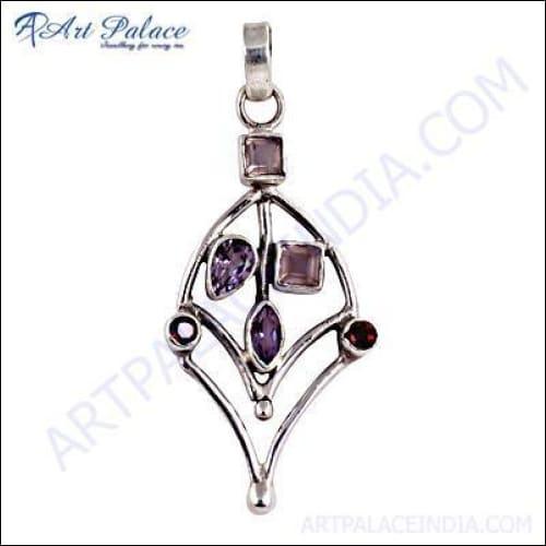 Elegant silver gemstone pendant set featuring amethyst and garnet, showcasing intricate design and craftsmanship.