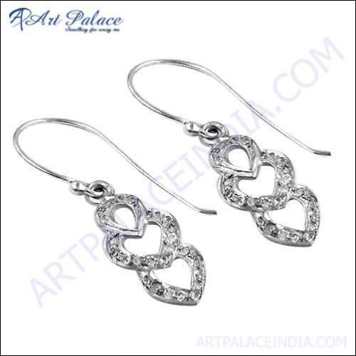 Elegant Silver Heart Style Earrings featuring sparkling Cubic Zirconia, showcasing a beautiful heart design perfect for any occasion.