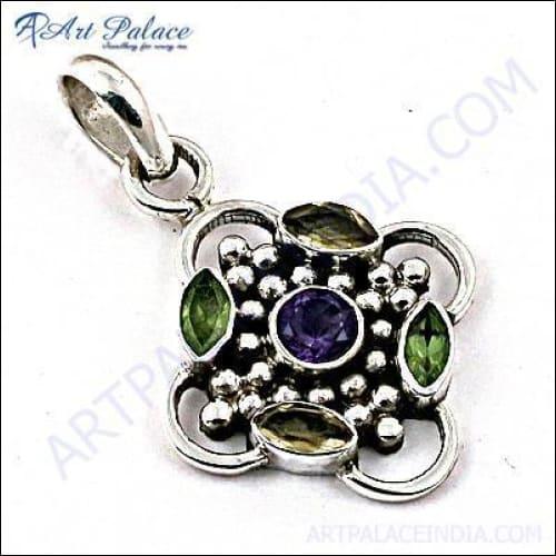 Elegant silver pendant featuring multiple colorful gemstones, perfect for party wear.