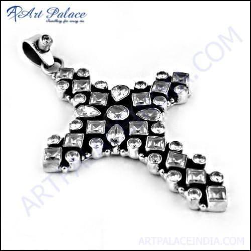 Elegant silver pendant featuring a religious cross design embellished with sparkling cubic zirconia stones, showcasing fine craftsmanship.