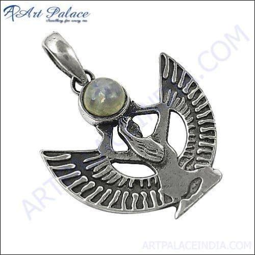 Elegant Silver Rainbow Moonstone Logo Pendant showcasing a unique design with a shimmering moonstone set in polished silver.