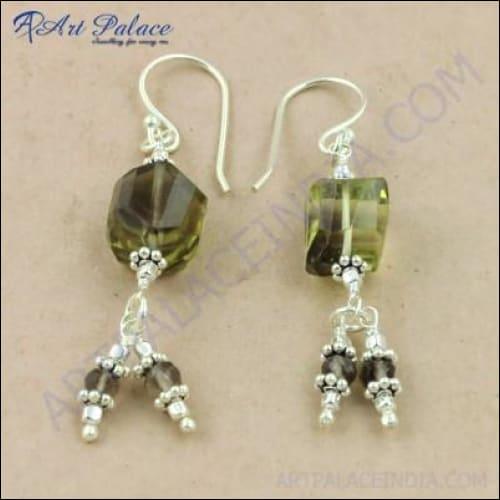 Elegant smokey quartz gemstone silver earrings adorned with stylish beads, showcasing a sophisticated design.