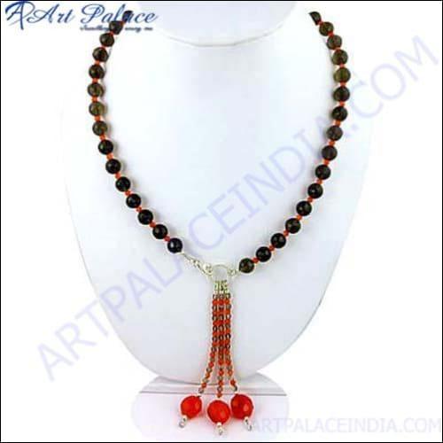 Elegant Smokey Quartz and Red Onyx Silver Necklace, showcasing intricate silver craftsmanship and vibrant gemstones.