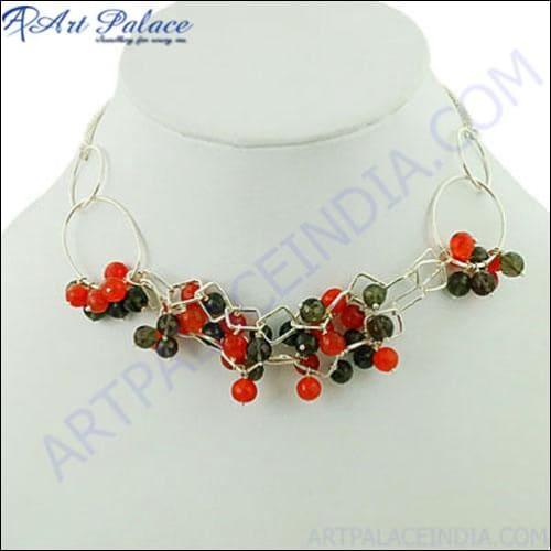 Elegant Smokey Quartz and Red Onyx Silver Necklace, showcasing intricate craftsmanship and unique gemstone combination.