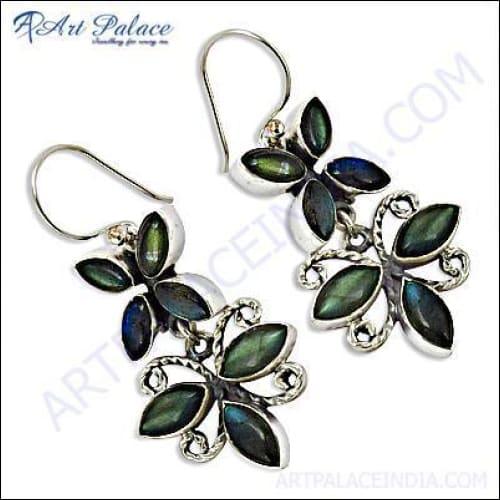 Elegant three leaves long earrings made of 925 sterling silver with labradorite stones, showcasing intricate craftsmanship.