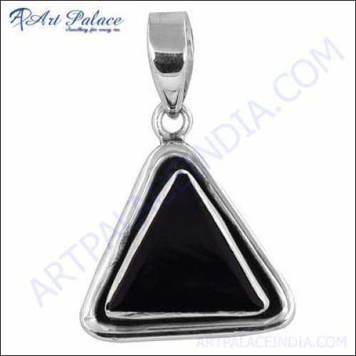 Elegant Triangle Black Onyx Gemstone Silver Pendant showcasing a unique design with a deep black onyx stone set in high-quality silver.