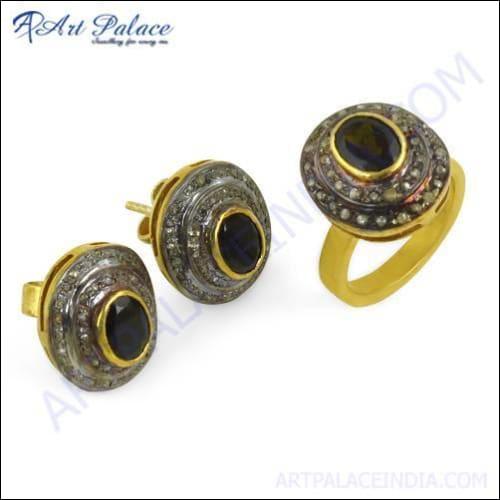 Elegant Victorian Diamond and Gold-Plated Silver Earrings and Ring Set showcasing intricate design and sparkling diamonds.