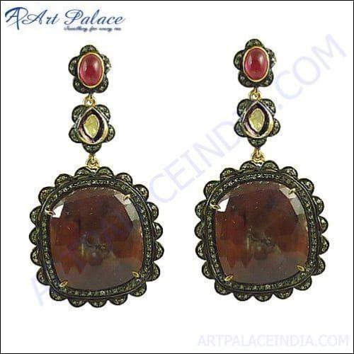 Elegant Victorian Diamond and Ruby earrings crafted from 925 sterling silver, showcasing intricate design and sparkling gemstones.