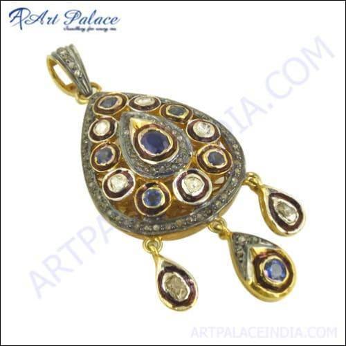 Elegant Victorian Party Wear Pendant featuring diamonds, sapphires, and gold plating, showcasing intricate design and craftsmanship.