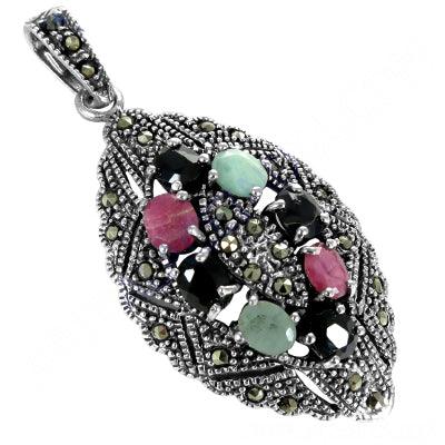 Emerald, Marcasite, Ruby, and Sapphire Silver Pendant showcasing vibrant gemstones set in elegant silver design.