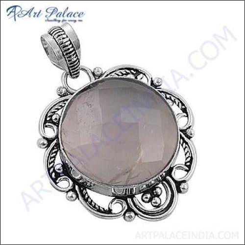 Ethnic Design Rose Quartz Gemstone Pendant in German Silver, showcasing intricate craftsmanship and a beautiful pink gemstone.