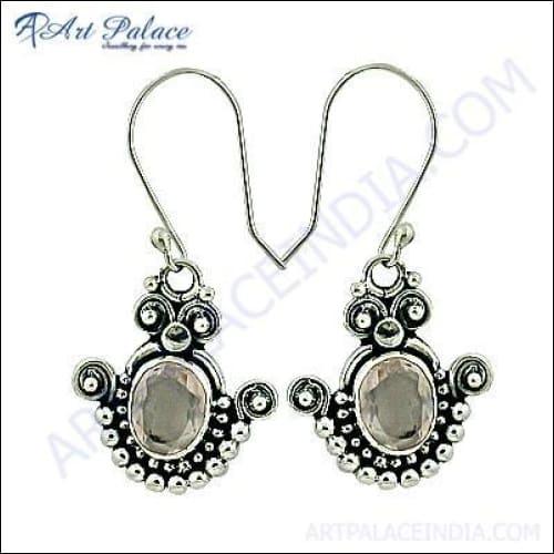 Ethnic Design Rose Quartz Silver Earrings featuring intricate craftsmanship and beautiful rose quartz stones.