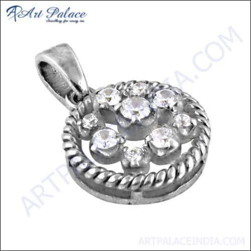 Ethnic Designer Cubic Zirconia Gemstone Silver Pendant showcasing intricate design and sparkling gemstones.