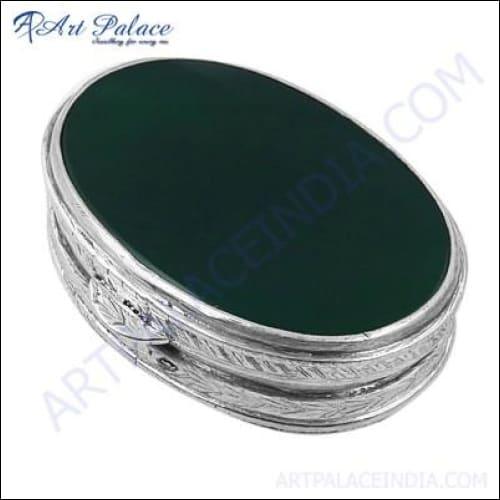 Ethnic Designer Green Onyx Gemstone Silver Box featuring an oval shape with intricate silver detailing and a vibrant green onyx gemstone.