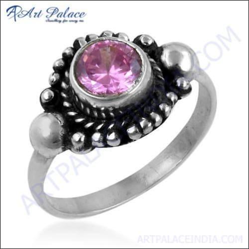 Elegant Ethnic Designer Pink Cubic Zirconia Gemstone Ring showcasing intricate design and vibrant color.