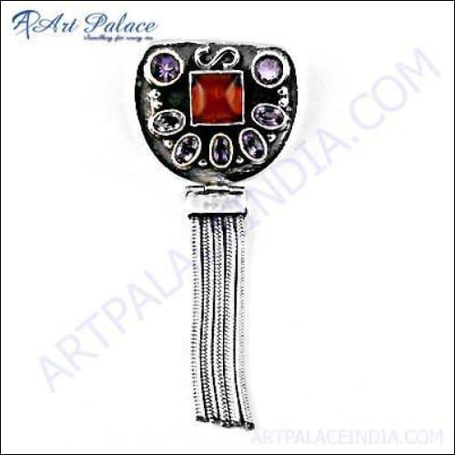 Ethnic Designer Silver Pendant featuring amber and amethyst stones, showcasing intricate craftsmanship and elegant design.