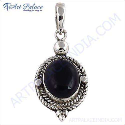 Ethnic Designer Silver Pendant featuring a genuine Black Onyx gemstone set in handcrafted 925 sterling silver, showcasing intricate artistry.