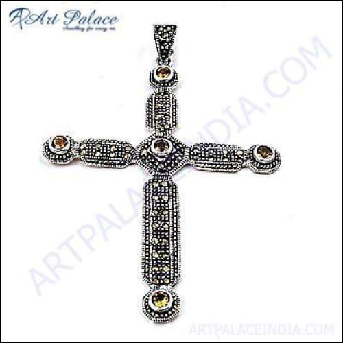 Ethnic Designer Silver Pendant featuring a vibrant Citrine gemstone in a unique cross design, showcasing intricate craftsmanship.