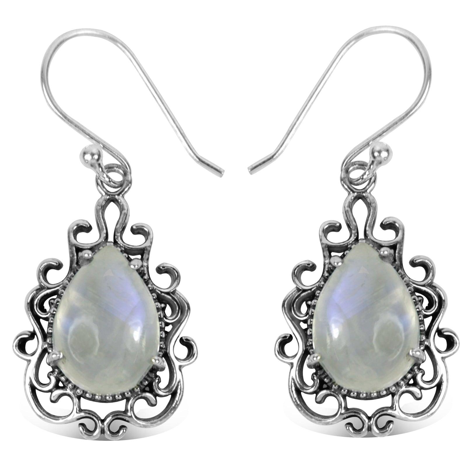 Ethnic pear-shaped earrings featuring rainbow moonstone set in 925 silver, showcasing intricate craftsmanship and vibrant colors.