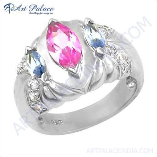 Exclusive Blue Topaz and Multi Cubic Zirconia Silver Ring showcasing a vibrant blue gemstone surrounded by sparkling cubic zirconia in a 925 sterling silver setting.