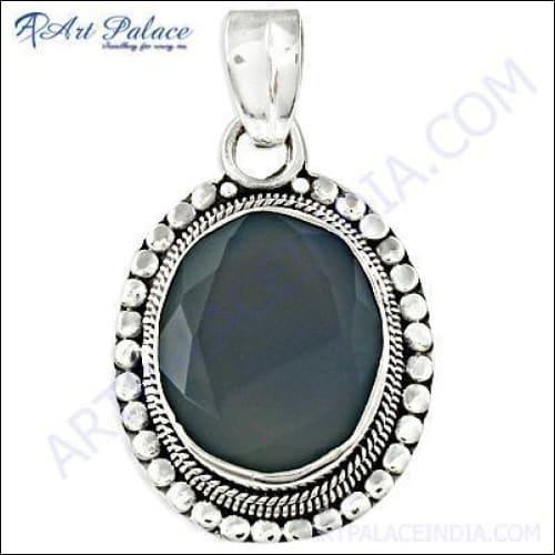 Exclusive Designer Blue Chalcedony Gemstone Silver Pendant showcasing intricate ethnic design and vibrant blue color.