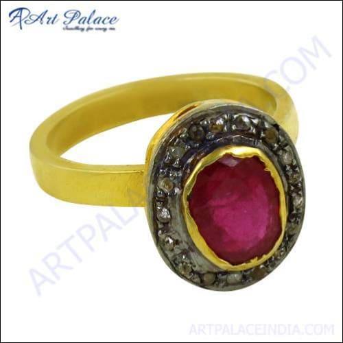Exquisite Victorian designer diamond ruby gold-plated silver ring featuring intricate details and luxurious stones.