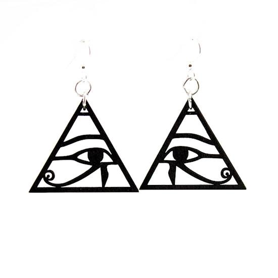 Eye of Horus Earrings #1213 made from sustainably sourced wood, featuring a laser-cut design and hypoallergenic silver-finished ear wires.