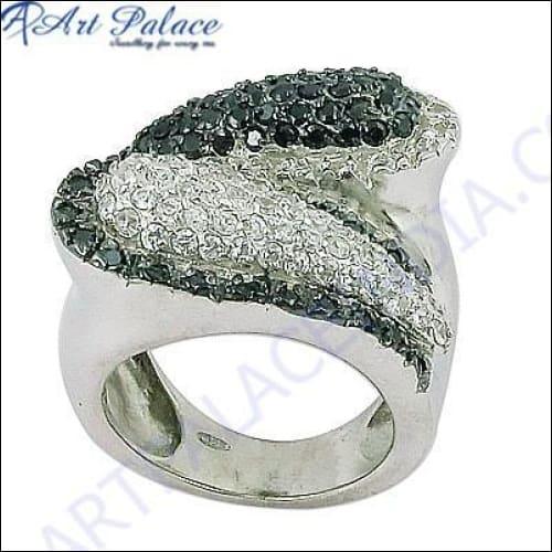 Fabulous Black & White Cubic Zirconia Silver Ring with marcasite accents, showcasing elegant design and craftsmanship.
