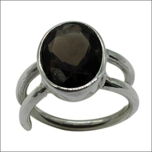 Faceted smokey quartz stone set in a 925 silver ring, showcasing a round cut gemstone with a polished finish.