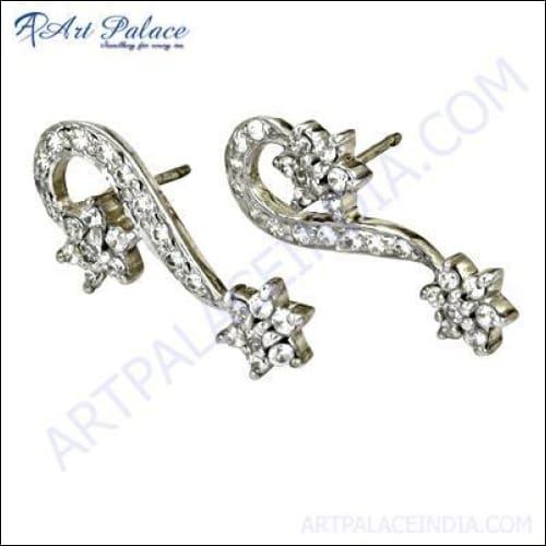 A pair of elegant cubic zirconia silver stud earrings, showcasing their sparkling stones and high-quality silver setting.