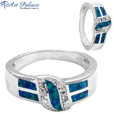 Famous Design CZ and Blue Inlay 925 Silver Ring showcasing intricate craftsmanship and elegant design.