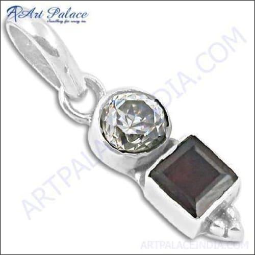 Famous Designer CZ Garnet Gemstone Silver Pendant showcasing a vibrant garnet stone set in elegant silver.